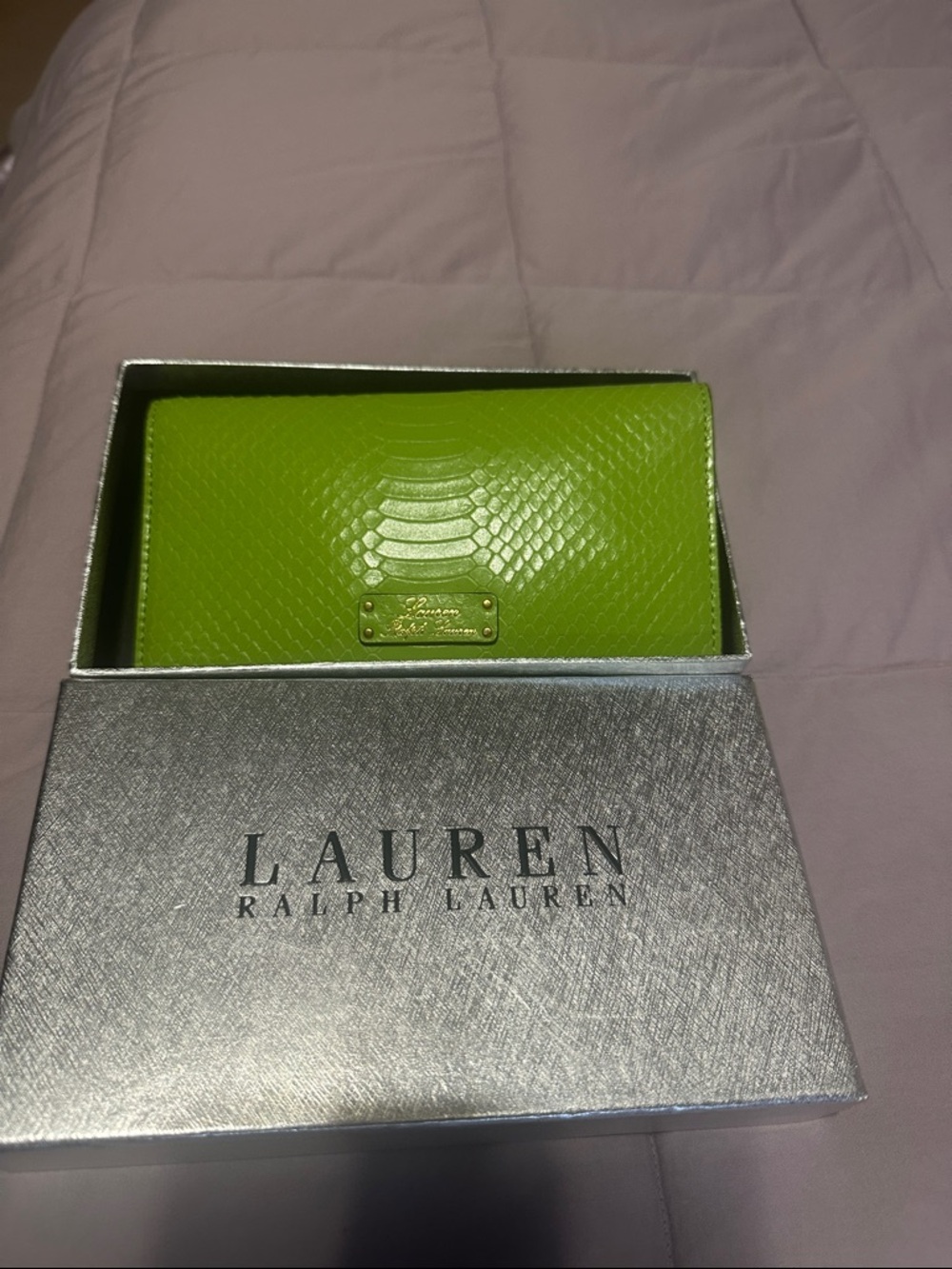 Lauren Ralph Lauren Bright Lime Green Embossed Banbury snake wallet